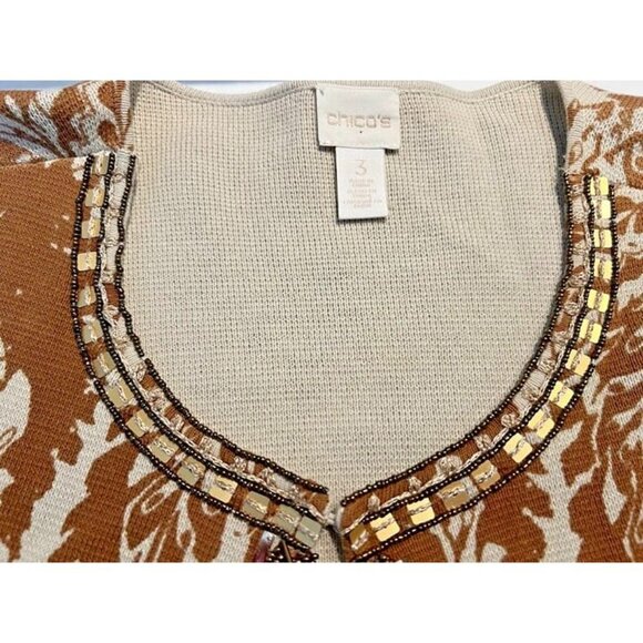Sz 3 CHICO'S Embellished Beaded 3/4 Sleeve Moroccan Leaf Print Cardigan Sweater - Picture 7 of 11